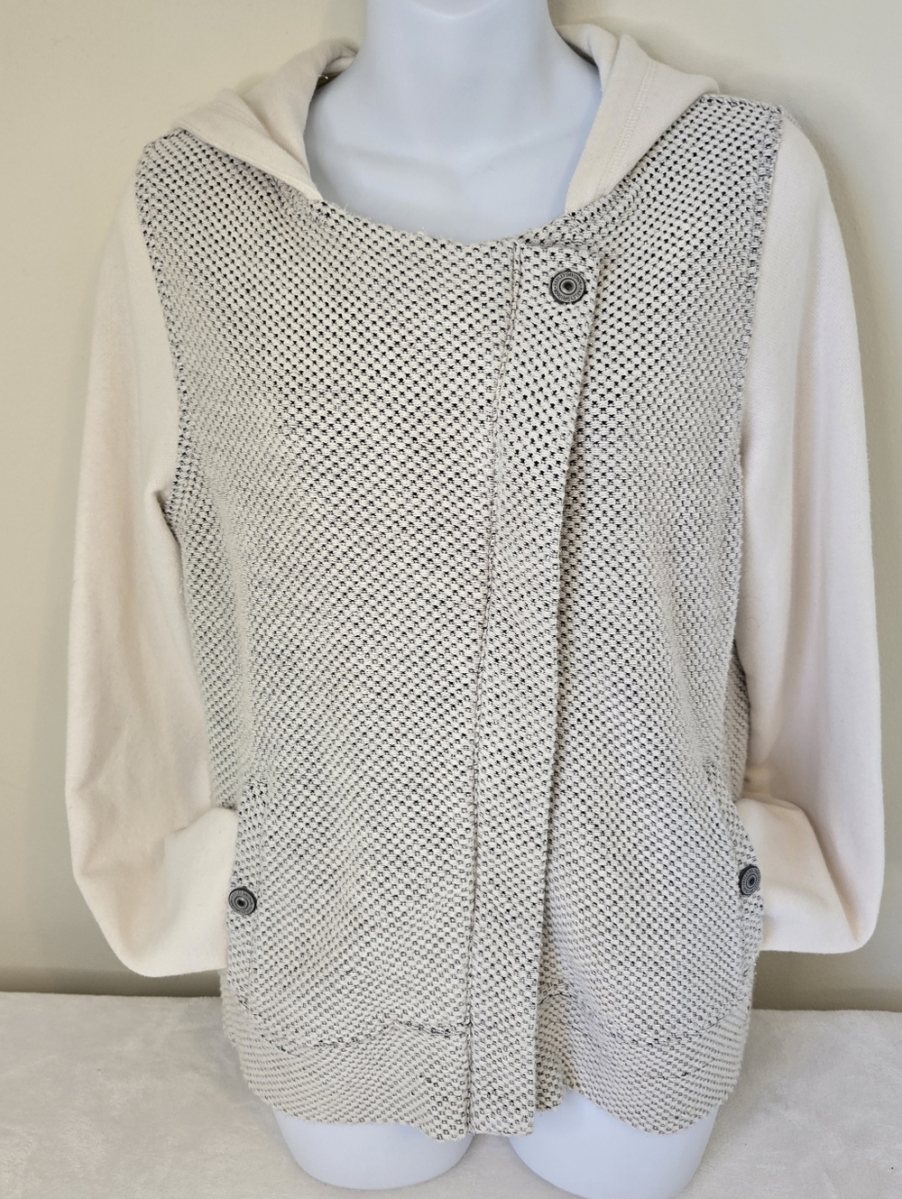 Cream and Black Textured Knit Harley Davidson Hooded Jacket